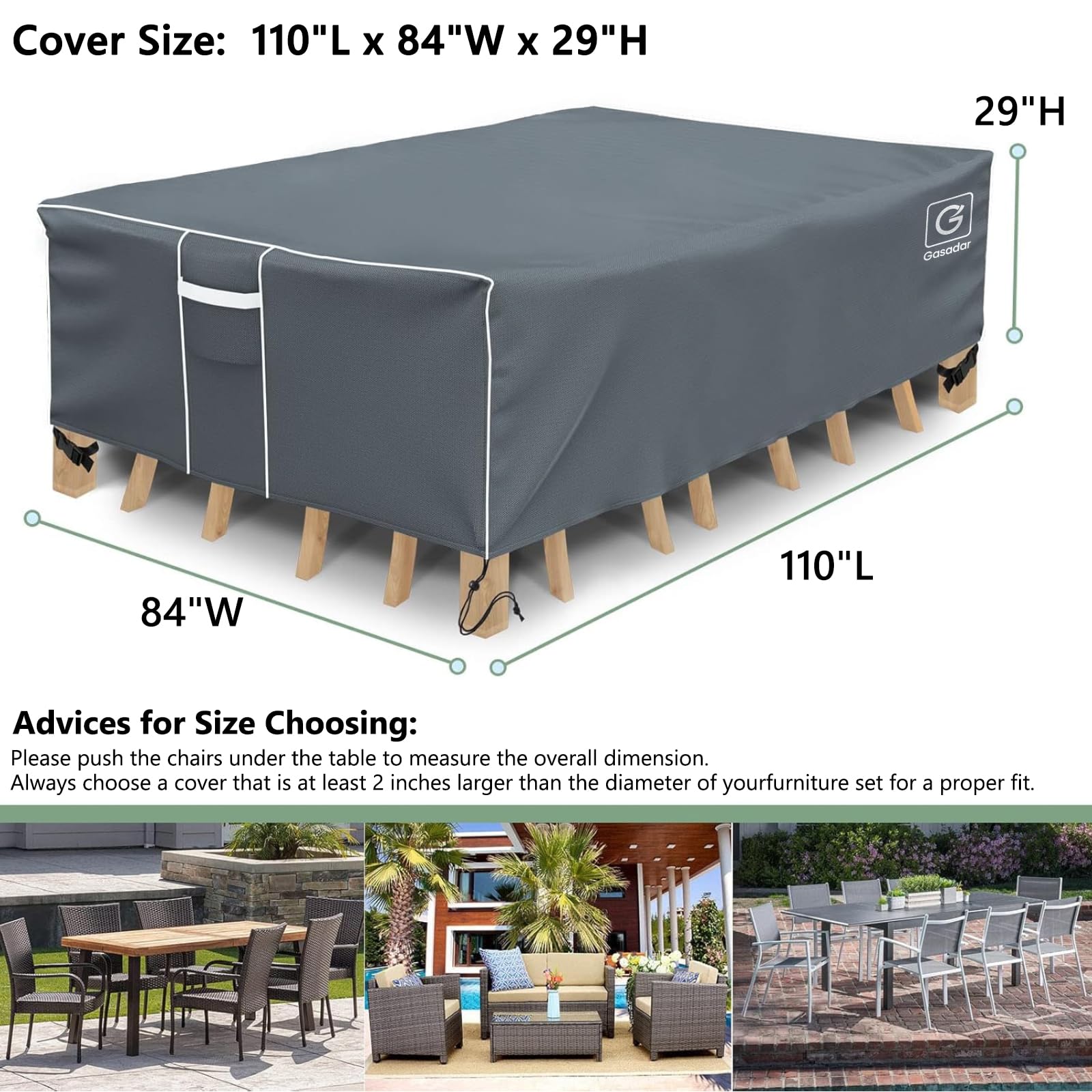 Gasadar Patio Chair Covers 2 Pack, 110" W x 84" D x 28" H, Black view 2