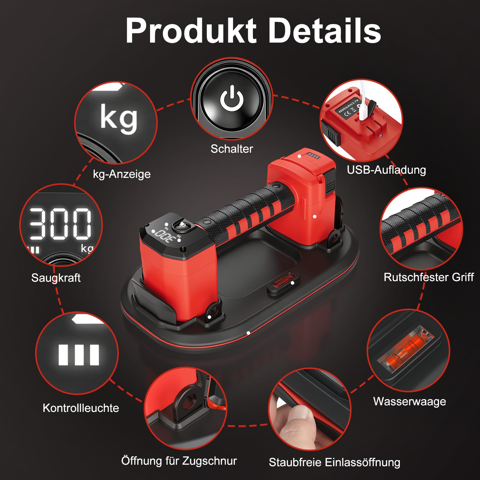 ERWEY Ventosa Piastrelle 300KG Elettrica Ventose con 2 Batterie 4000 mAh