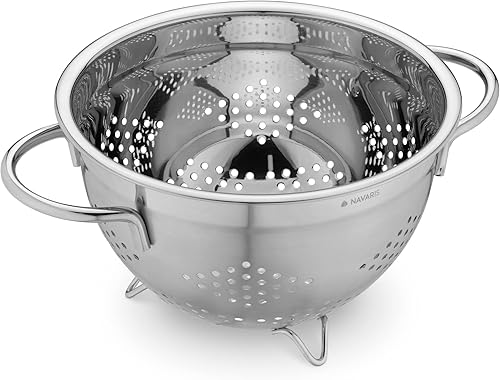 Miniatura 7 de Navaris Colador de acero inoxidable de 2.8L  3 cuartos de galón - Colador de metal con agujeros grandes y asas para pasta, espaguetis, verduras,