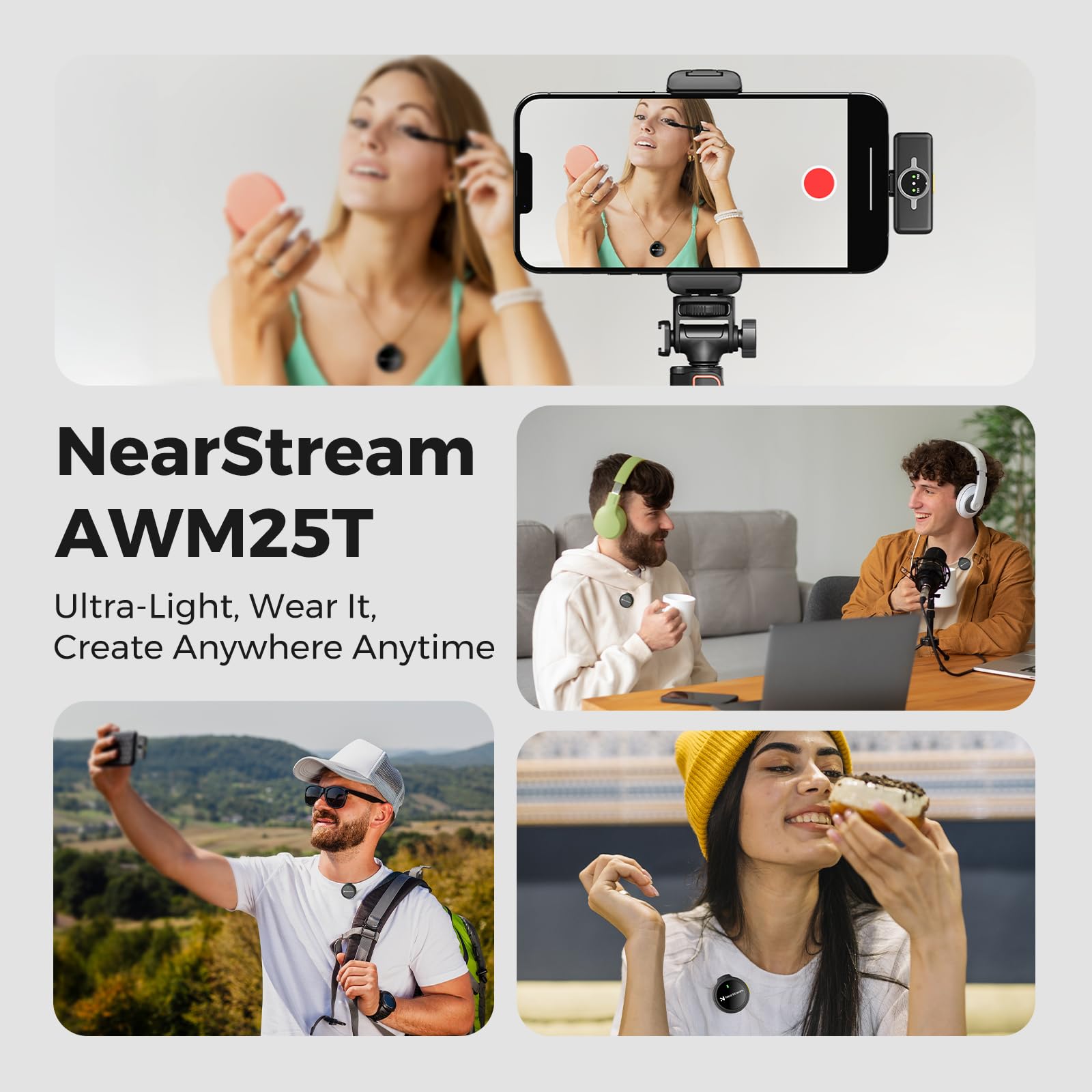 NearStream Microphone Cravate sans Fil pour iPhone, Android et PC, AWM25T | Réduction du bruit, jusqu'à 24 heures d'autonomie, connexion Lightning et USB-C Plug-and-Play