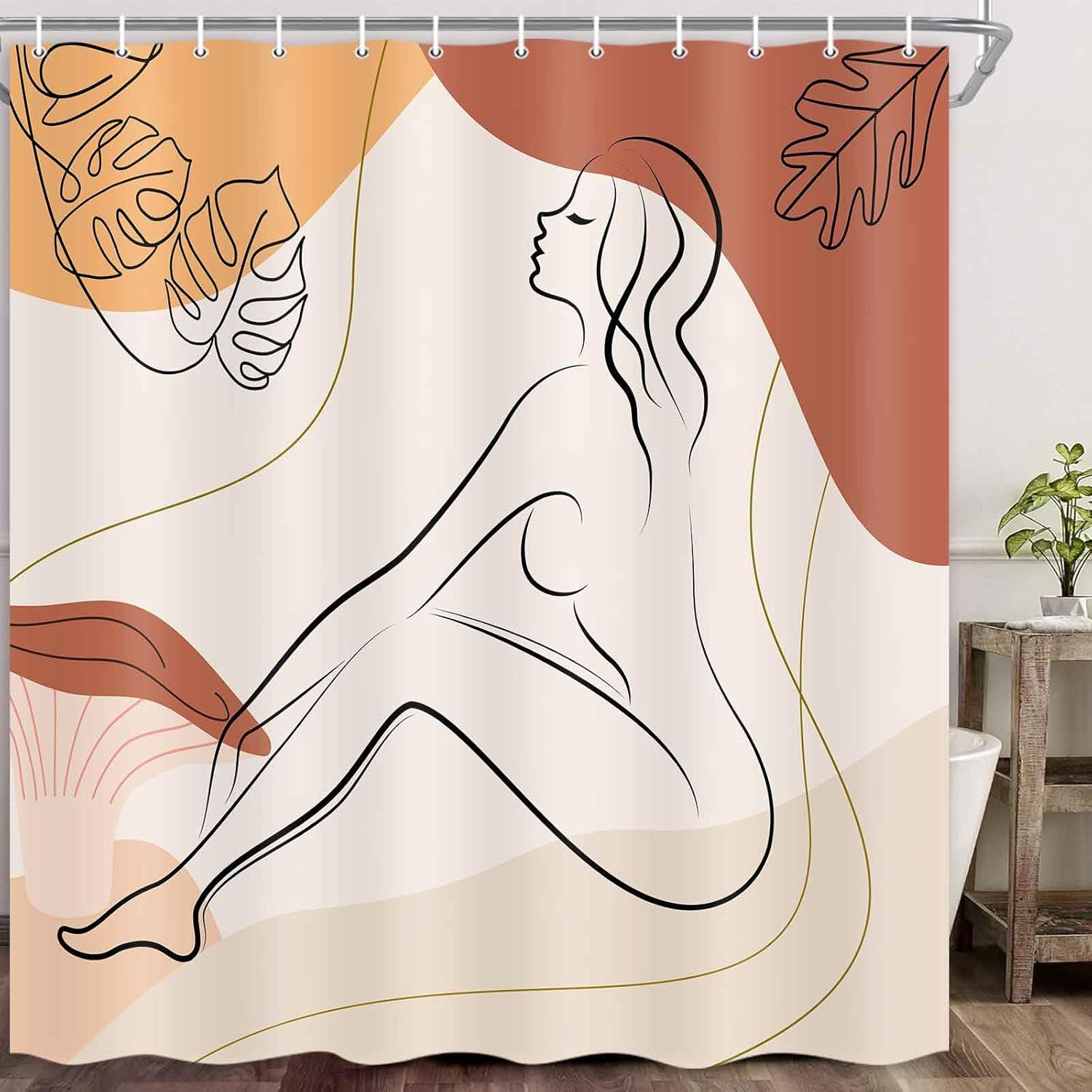 Boho Mid Century Modern Shower Curtain Abstract Minimalist Aesthetic Fabric Bath Curtain Decor Unique Novelty Girl Mushroom Bathroom Accessories with Hooks Set 72X78 Inch