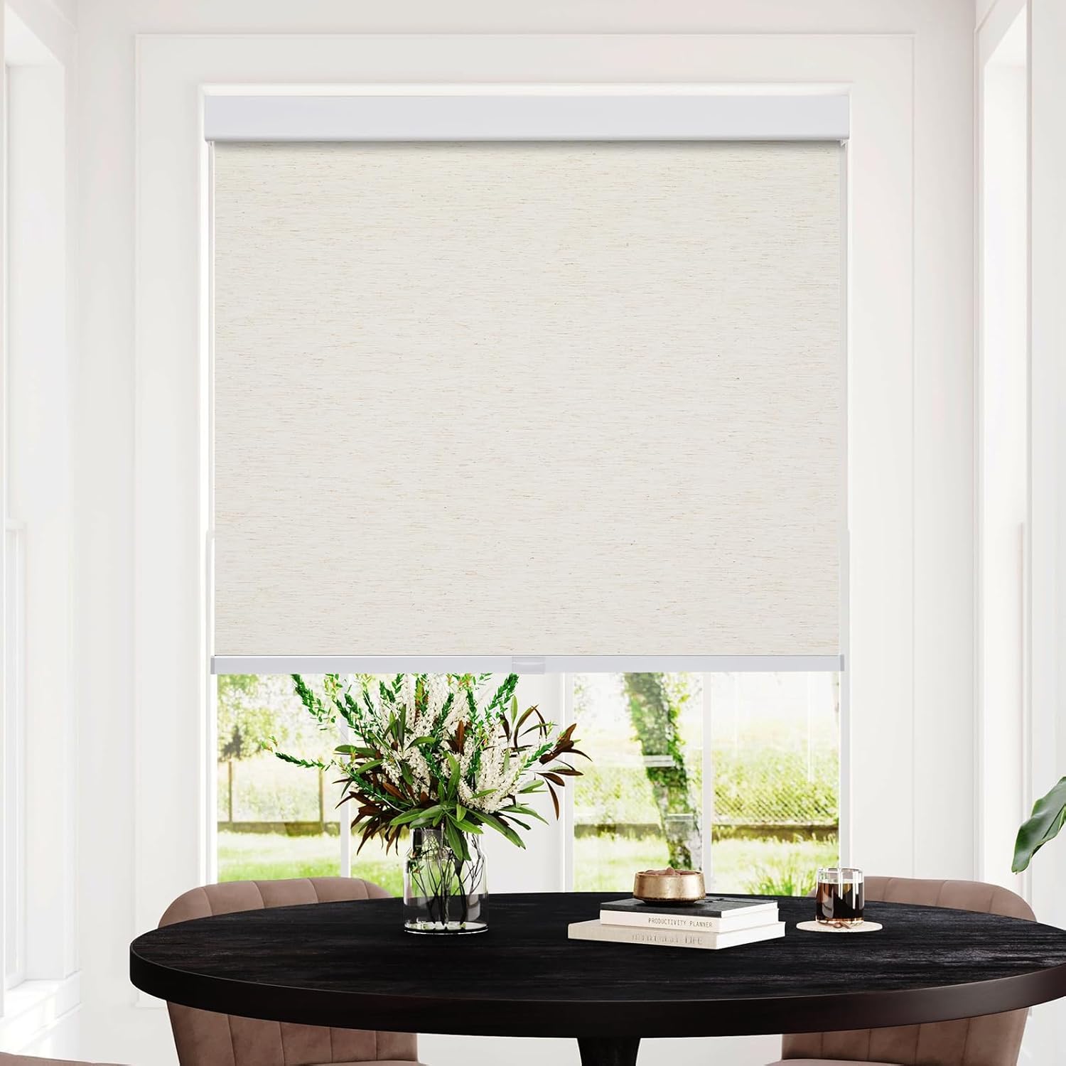 Photo 1 of  Persilux Free-Stop Cordless 100% Blackout Roller Blinds for Indoor Windows, Natural Woven Fabric UV Protection Privacy Thermal Insulated Roller Shades for Windows, Home, Office, Cream 35.5" W x 64" H 