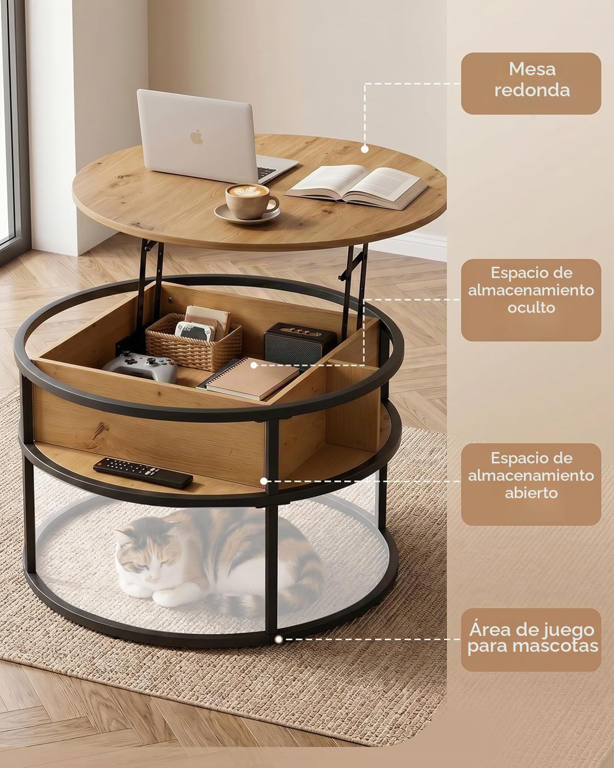 Mesa de Centro Elevable, Mesa de Centro Madera 80 x 80 x 48 cm, Mesa Elevable con Puertos USB y Tipo C, Luz LED y Compartimento Oculto, Mesa Auxiliar Sofa con Almacenamiento, Mesa Redonda