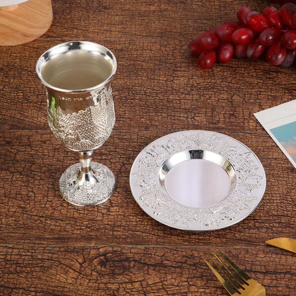 Kiddush Cup Set, Kiddush Wine Cup and Saucer Silver Plated Goblet With Stem Shabbat and Havdalah Goblet Judaica Shabbos and Holiday Gift