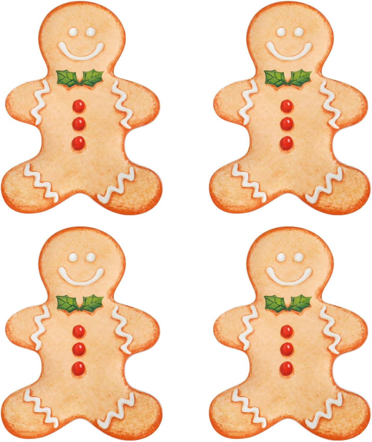 UP Gingerbread Man Shaped Melamine Plates, Christmas Holiday Theme, BPA-Free, Dishwasher Safe, for Cookies, Desserts, and Snacks, Orange, 10 x 7.5 Inch, Set of 4