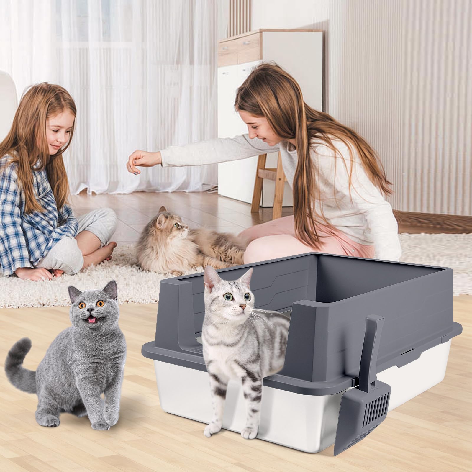 kuweta dla kota ze stali nierdzewnej, XXXL metalowa Kuwety dla kotów z szufelką, szczelna, łatwa do czyszczenia dla dużych kotów/wielu kotów (ciemnoszara)