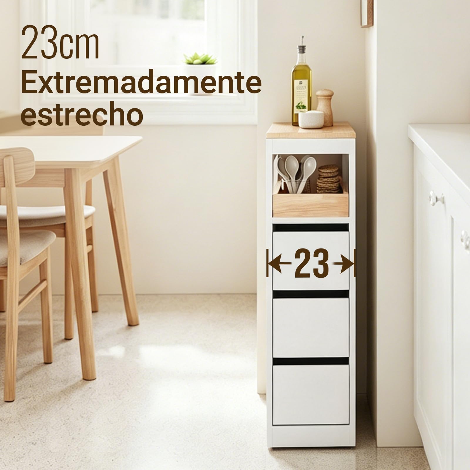 SoBuy Carrito Cocina con Ruedas Armario Almacenaje Blanco 65 x 23 x 82 cm | Mueble Auxiliar de Cocina con Encimera, Cajón y Estantes Abiertos Cajonera Estrecha, BZR54-II-W