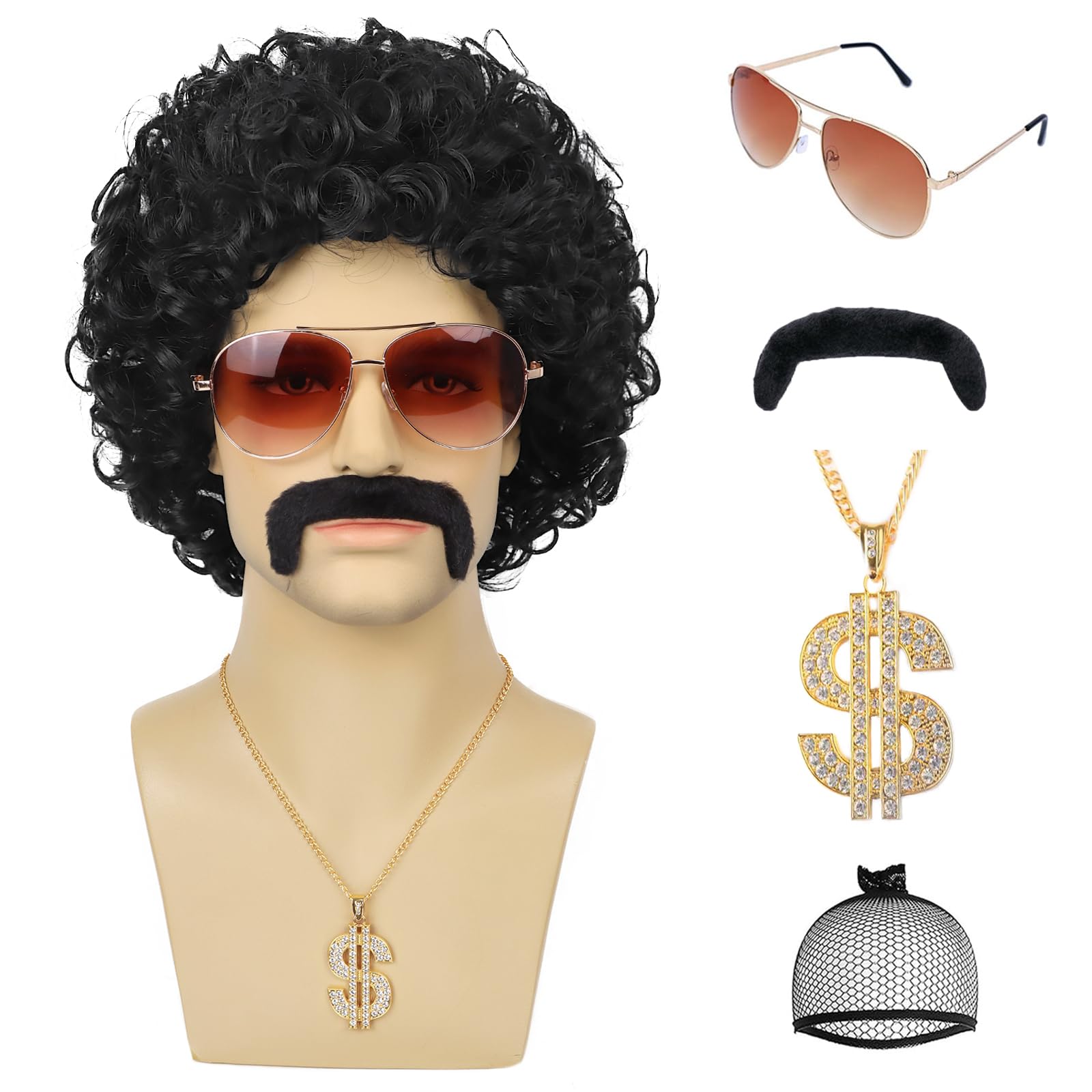 YTbeauty 70s 80s Disco Wig with Mustache Sunglasses Necklace Golden Chain Short Afro Curly Wig for Men 60s Rocker Hippies Costume Cosplay Halloween