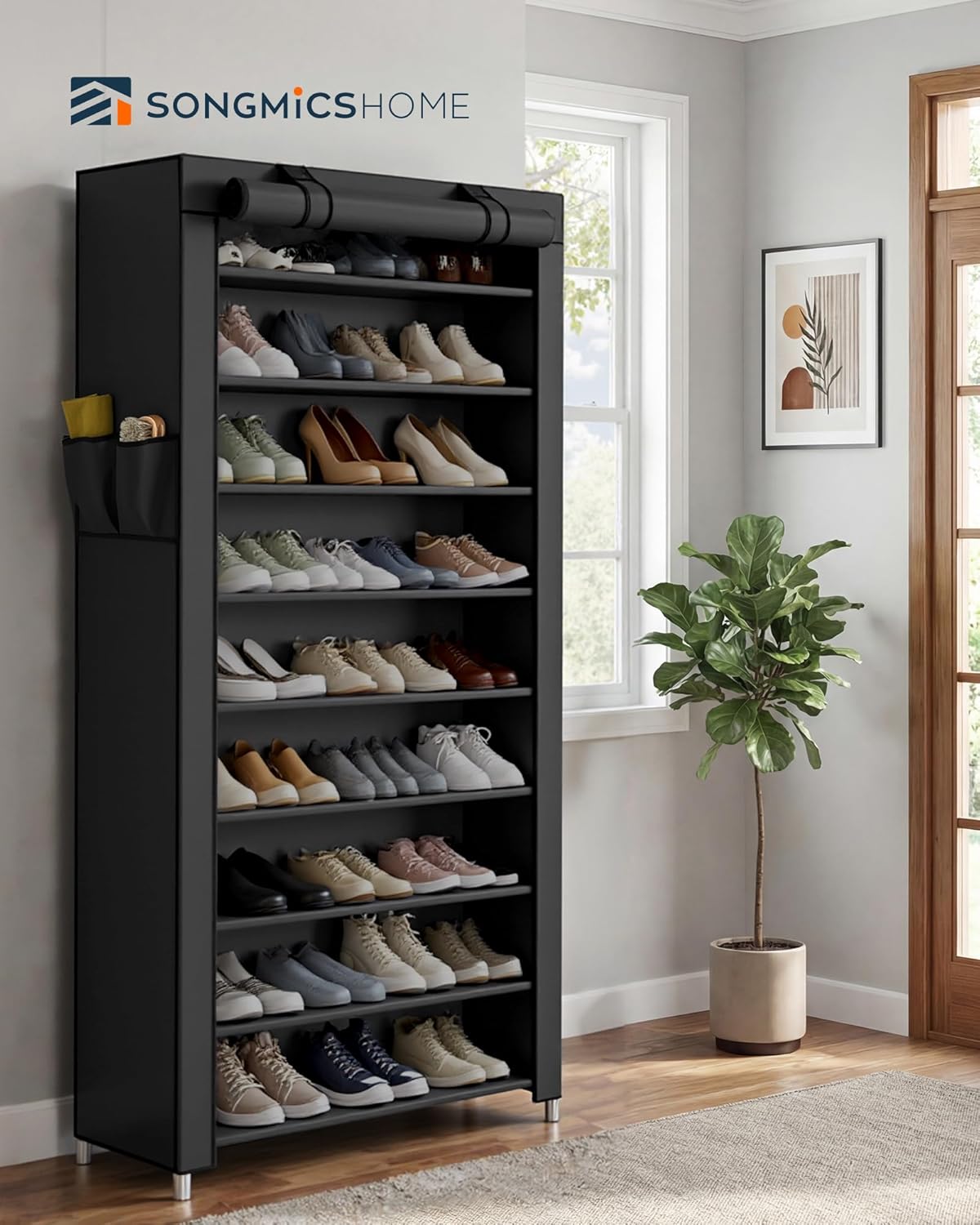 SONGMICS HOME Shoe Rack 10-Tier, Tall Narrow Metal Shoe Organizer with Dust Cover, 11.2 x 33.3 x 63.2 Inches, Vertical Storage Cabinet for Closet Entryway, Black