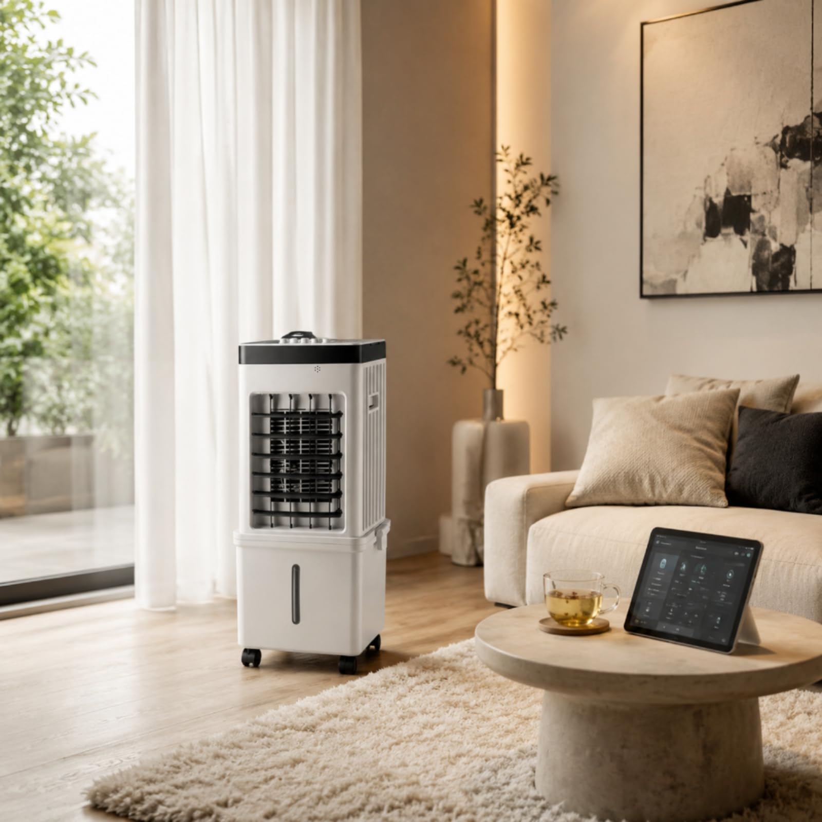 LOVIVER Ventilador de Refrigeración para Hogar de Pie de Aire Climatizador Ventilador Portátil con Rejilla Frontal y Depósito Inferior Adecuado para Apartamento Oficina Sala de Estudio