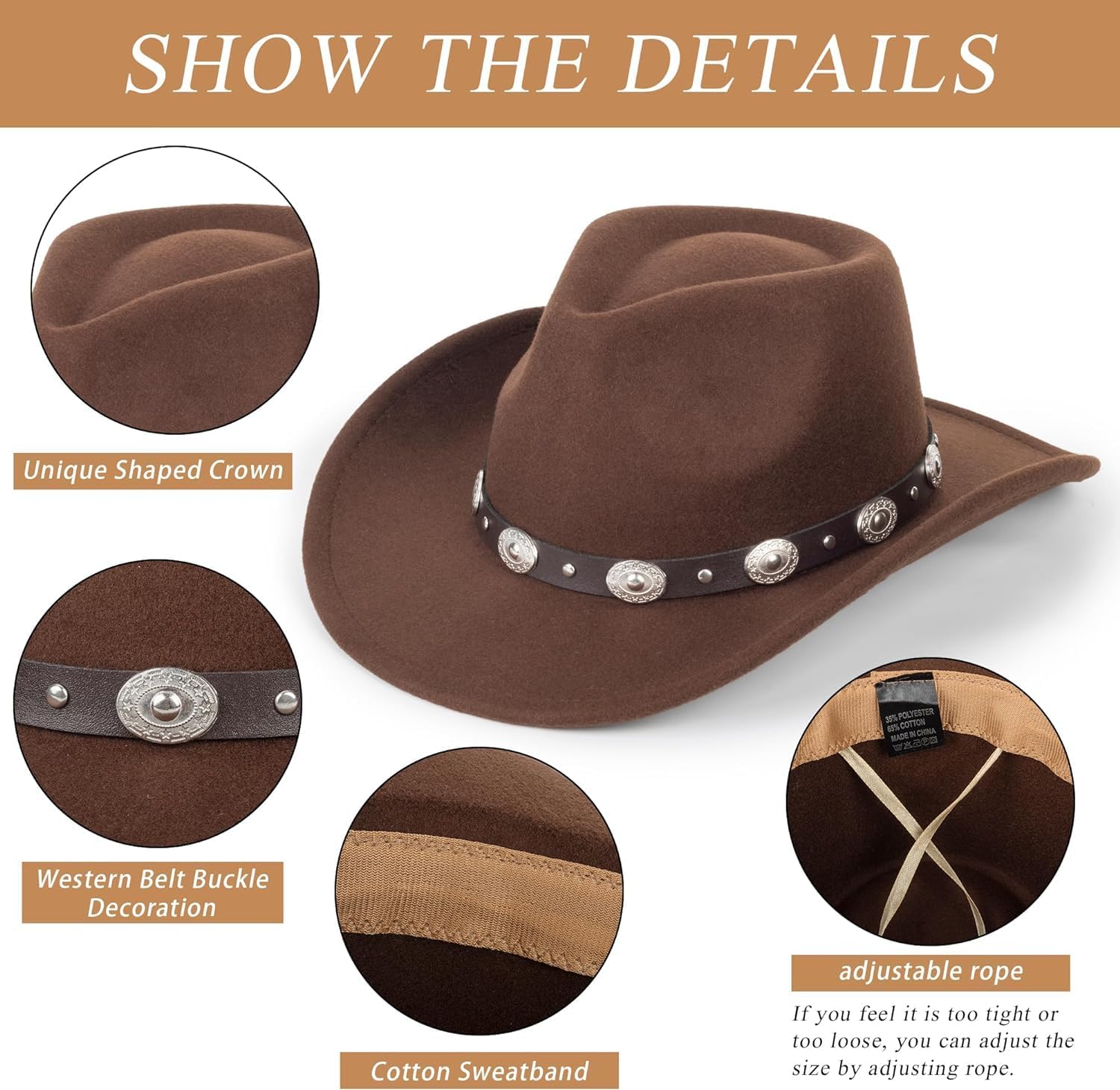 Western Cowboy Hat for Men Women Classic Fedora Hat with Buckle Belt (Size:M-L) - Image 5