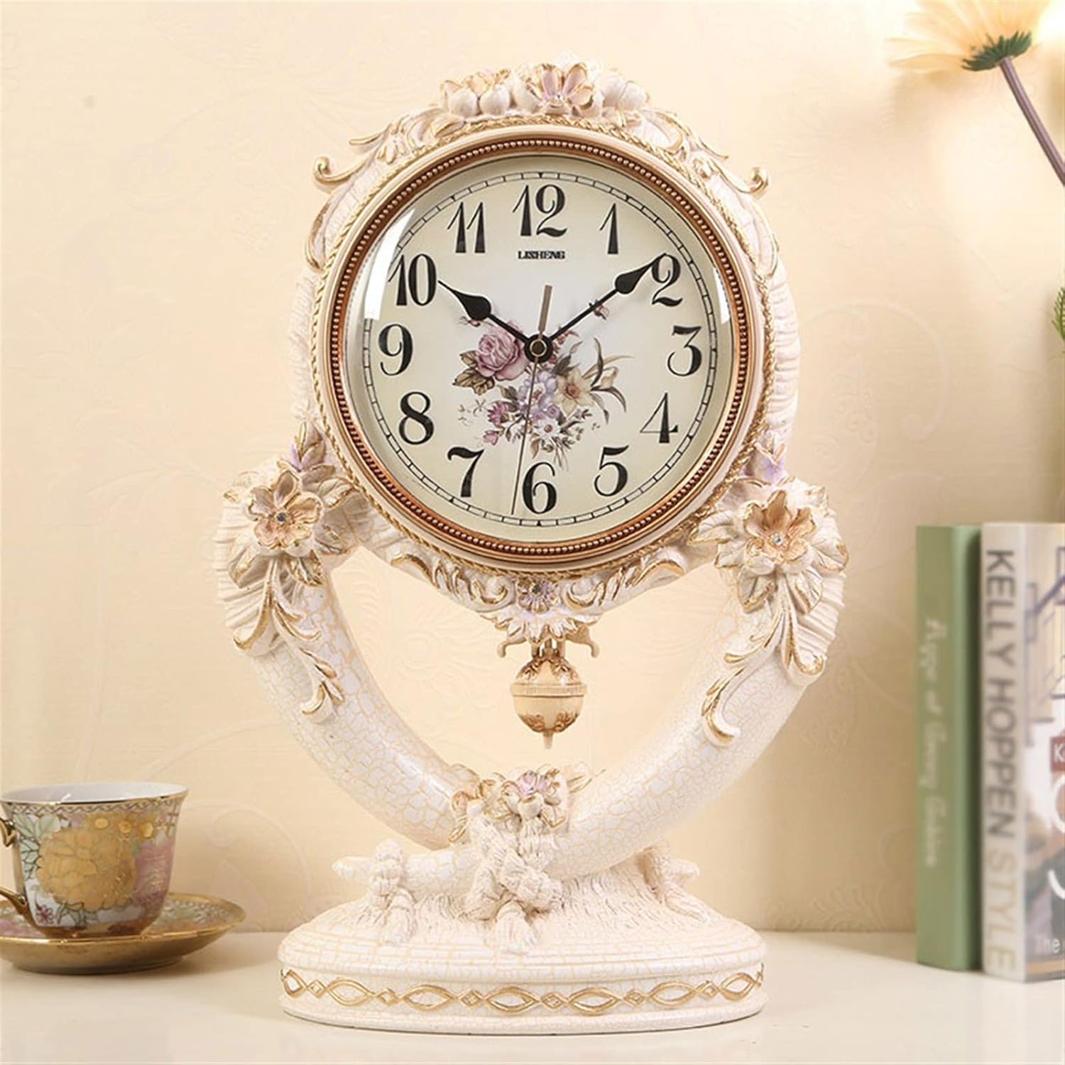 Mantle Clock European Style Retro Garden Clock Silent Study Bedroom Table Clock Decoration Clock Resin Crafts Desk Clock Vintage Mantel Clock (Color : 1) (Brass)