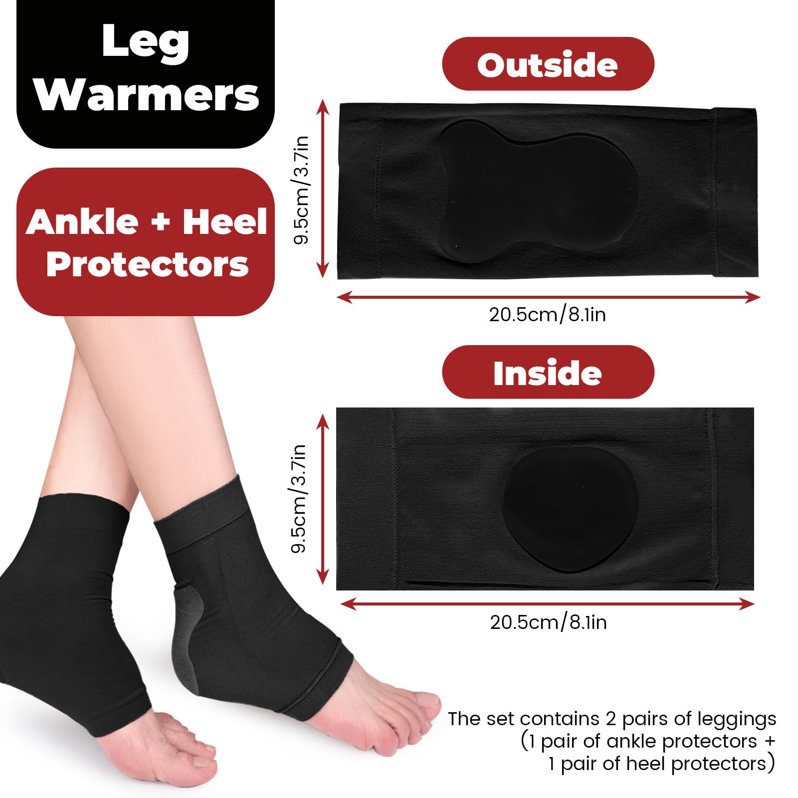 Calcetines protectores de talón con almohadilla de gel, acolchado para tendón de Aquiles, patinaje artístico, 2 pares, negro