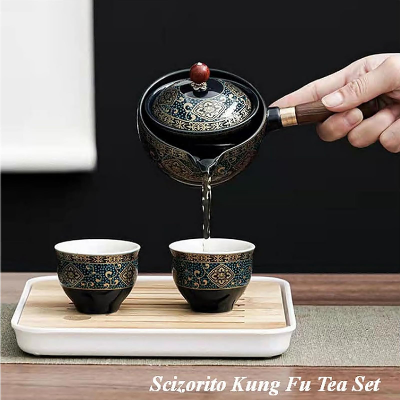 Juego de té de viaje portátil de cerámica, juego de té kungfu chino con tetera de rotación 360 e infusor, 4 tazas de té, bandeja de té y bolsa de viaje (estampado negro)