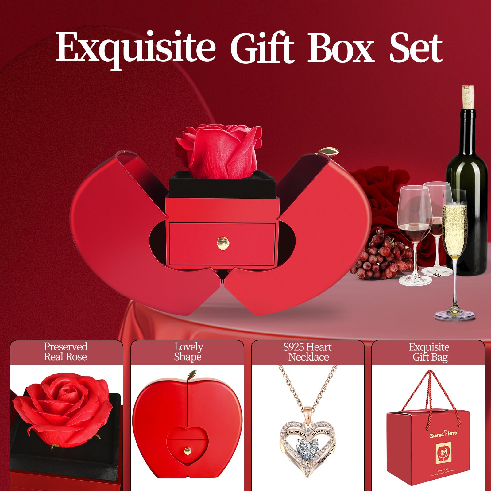 Collar de rosa roja eterna con corazón, regalos para madre, novia, mujer, esposa, abuela para Navidad, día de San Valentín, día de la madre, cumpleaños, aniversario, día de Acción de Gracias
