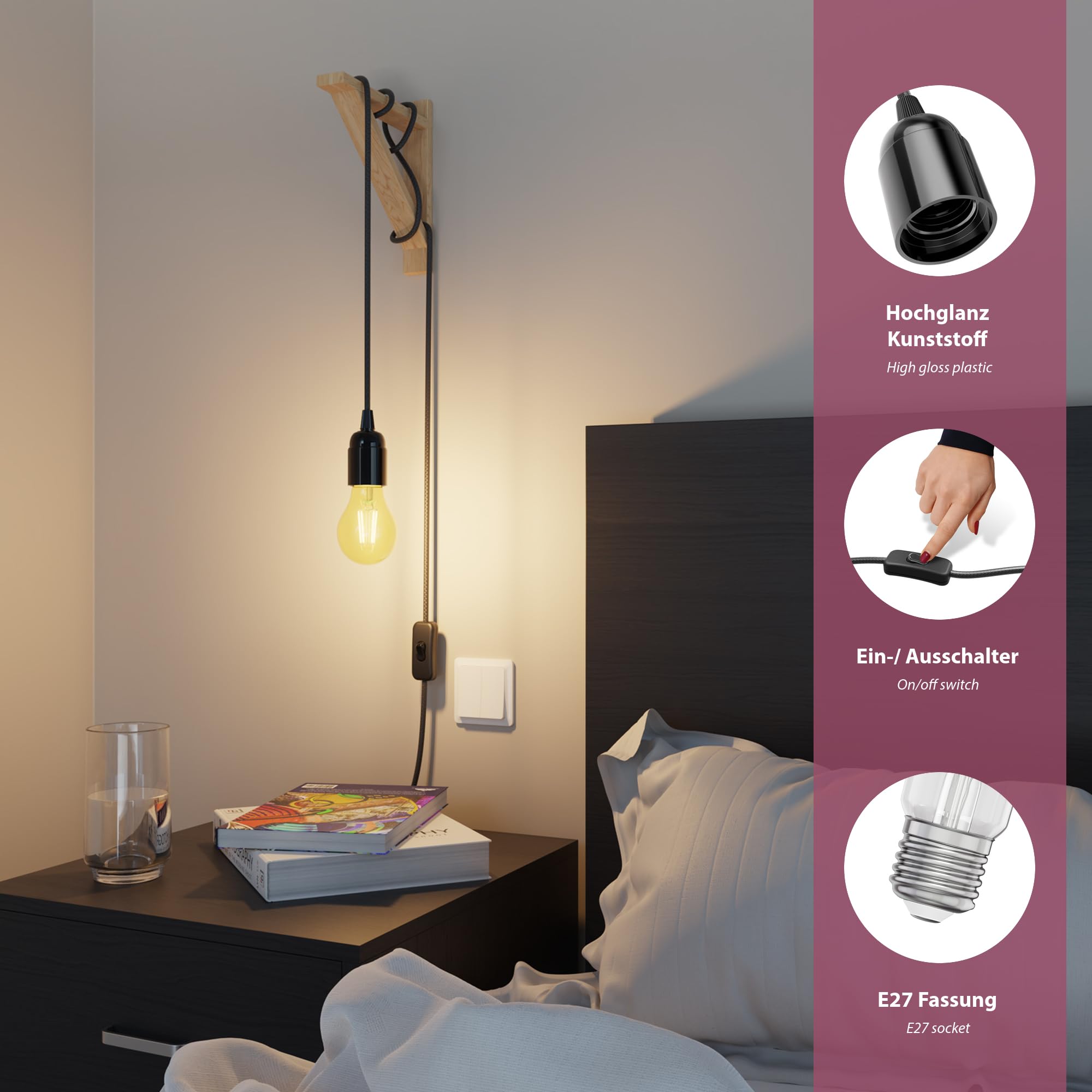 ledscom.de 10x Textilkabel LEHA, mit Stecker und Schalter, 3 m, schwarz, Fassung für E27-Leuchtmittel, 1x E27 max. 60W