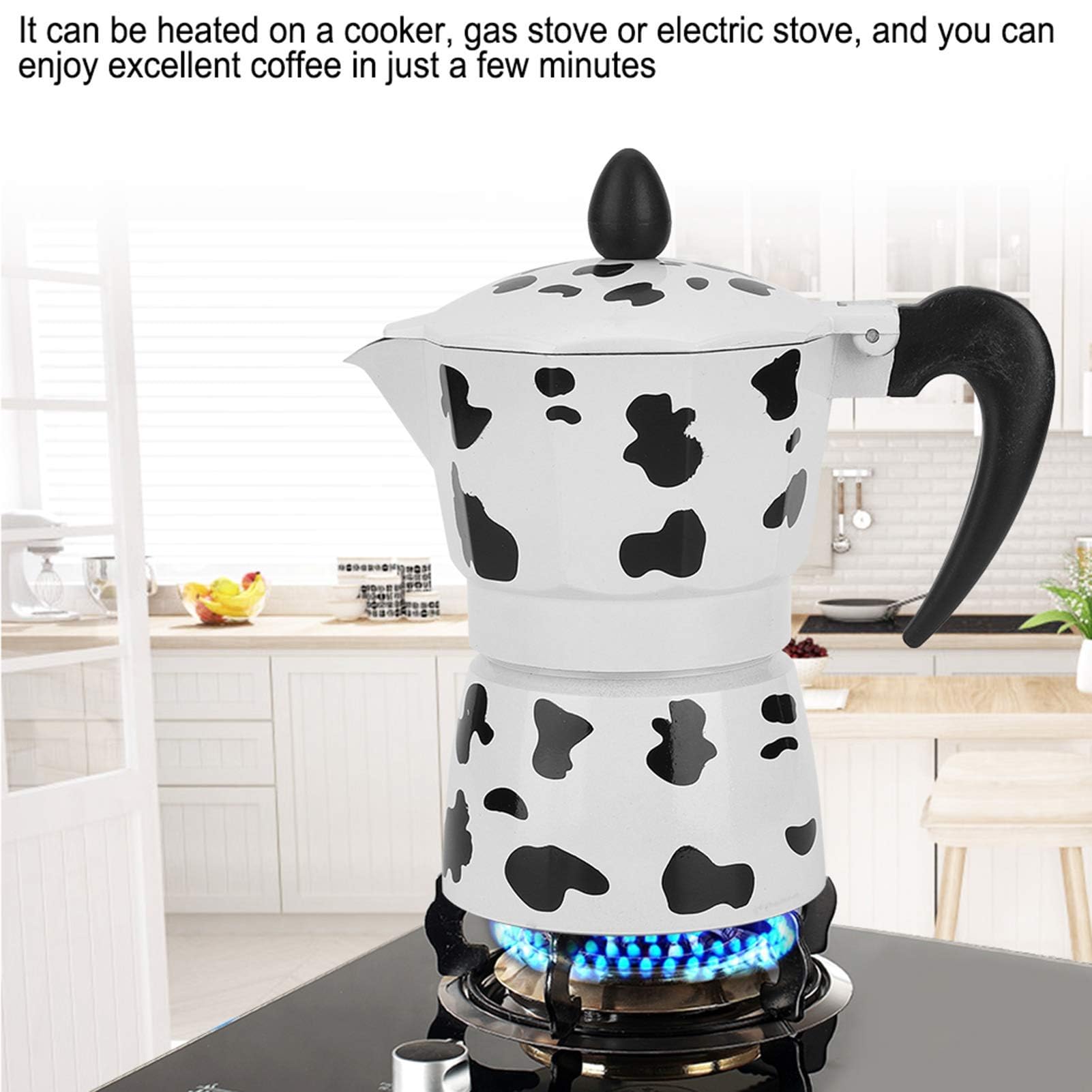 Cafetera Moka para el hogar, hervidor de mano concentrado, color vaca leche con aluminio italiano, para hervir hervidos, estufas italianas, expreso y ollas moka (3 tazas color vaca 150 ml)