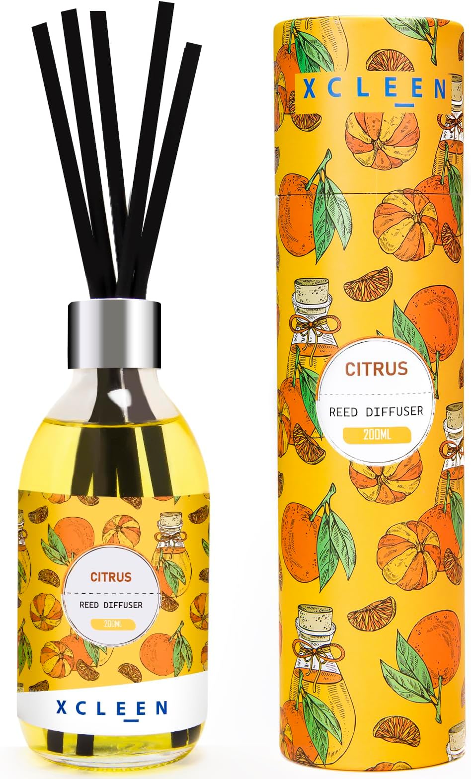 XcleenReed Diffuser, Citrus Oil Diffusers with 6 Fiber Sticks, Real Citrus! 6.76 Oz(200ml) Reed Diffusers for Home Bathroom Air Freshener, Room & Office Décor