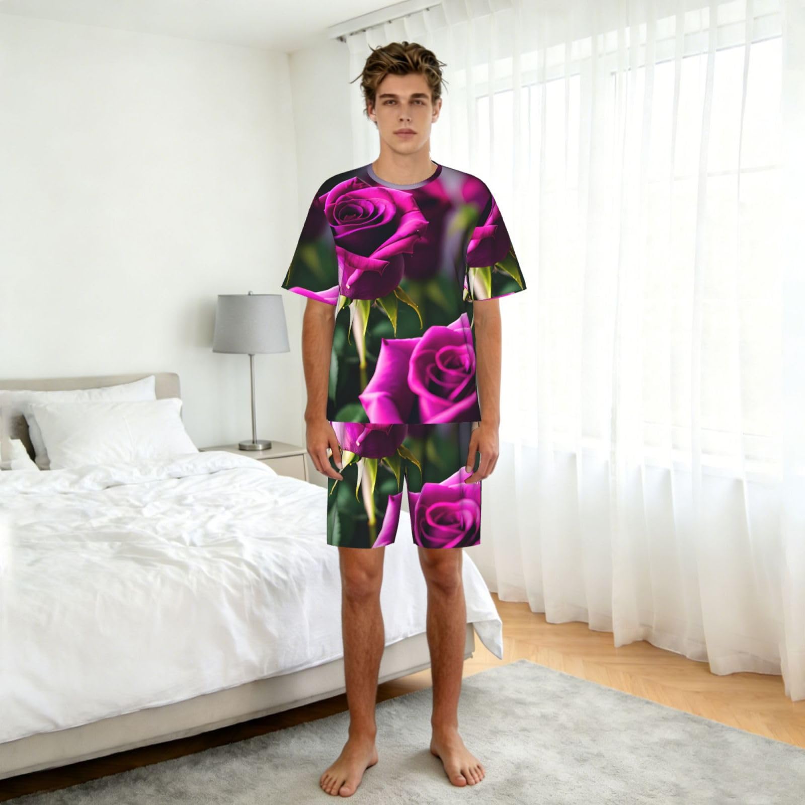 Conjunto de pijama clásico con estampado de rosas moradas para hombre, pantalones cortos de pijama suaves para hombre, perfecto para las noches de verano