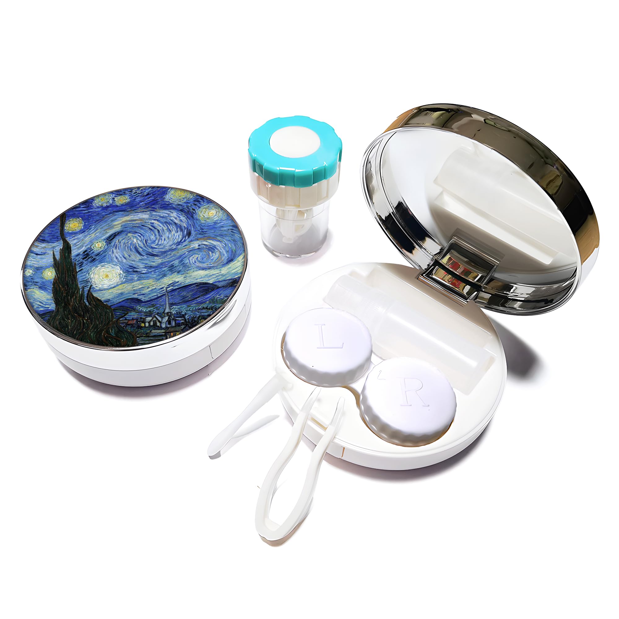 Contact Lens Travel Kit with Cleaner Washer, 5 in 1 Portable Contact Box with Mirror Tweezers Remover Tool Solution Bottle for Travel Daily Outdoor,Starry Night