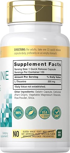 Miniatura 2 de Carlyle Suplemento de L-teanina de 200 mg 120 cápsulas Sin OMG, sin gluten