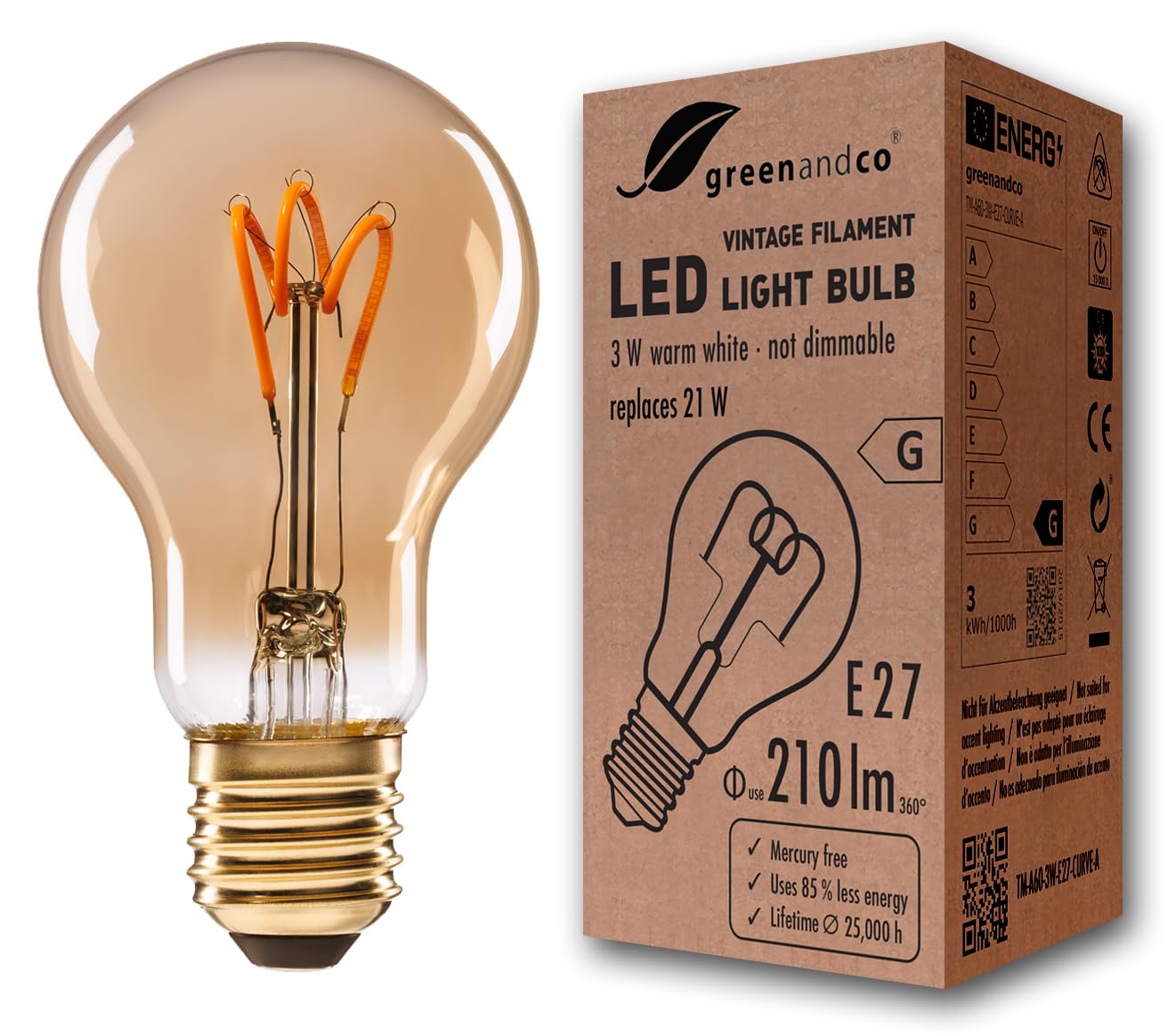 greenandco Vintage Glühfaden LED Lampe | gold | E27 A60 | 3W 210lm | 2000K extra warmweiß | 360° | 230V | flimmerfrei | nicht dimmbar