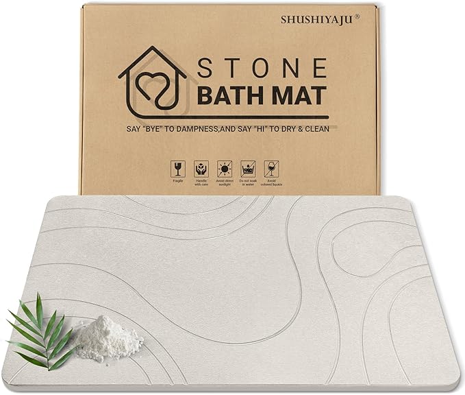 Stone Bath Mat Quick Dry Diatomaceous Earth Bath Mat Non-Slip Shower Stone Bathmat Super Absorbent Water Diatomite Bathroom Floor Pad Elegant,Natural,Esay to Clean (Flow Line-Beige)