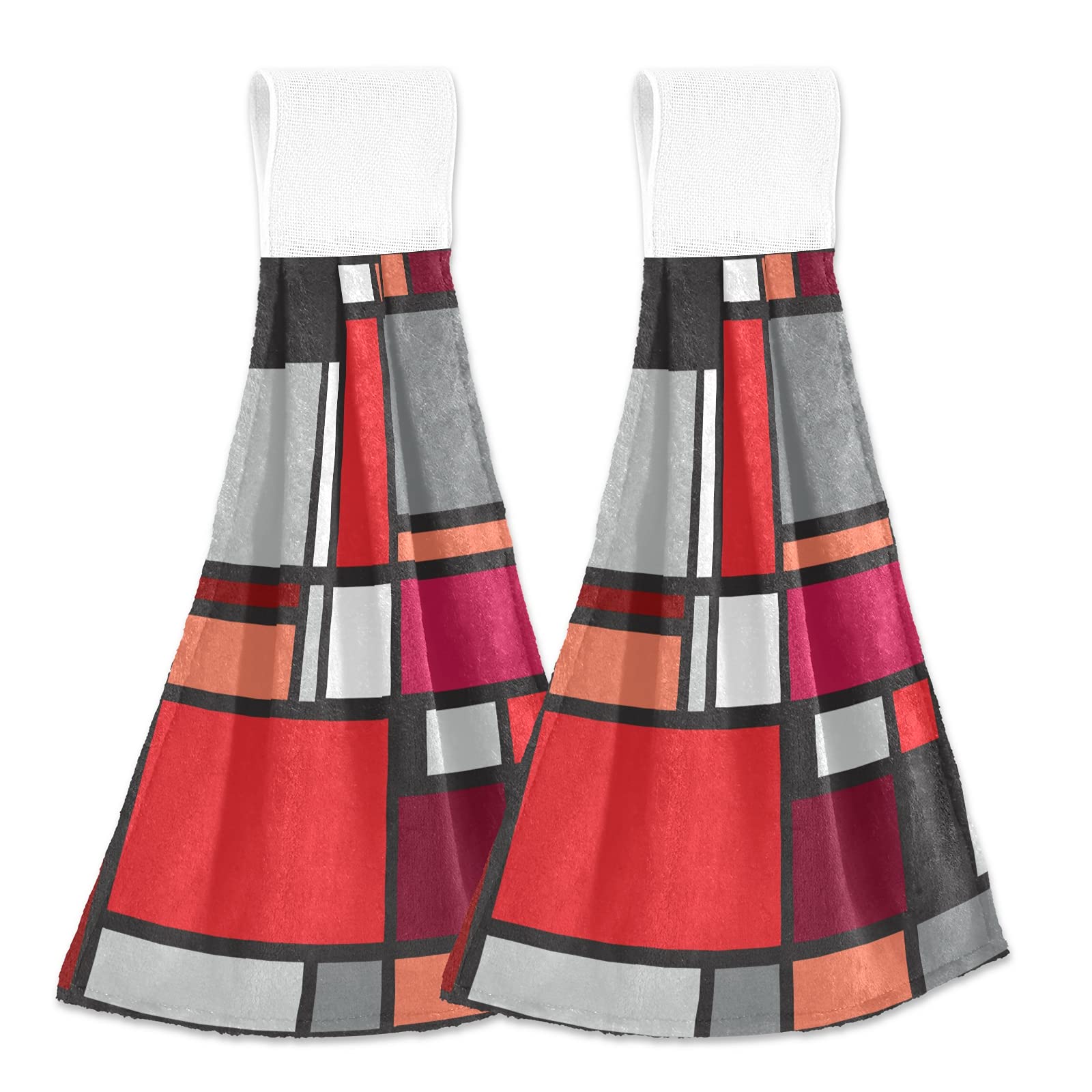 Red Black White Geometric Memphis, Indian, Brazilian, Mexican Checker 2 PCs Hanging Kitchen Hand Towel, Dish Dishcloth Towels with Hanging Loop, Absorbent Tea Bar Bath Tie Towel for Tabletop Kitchen