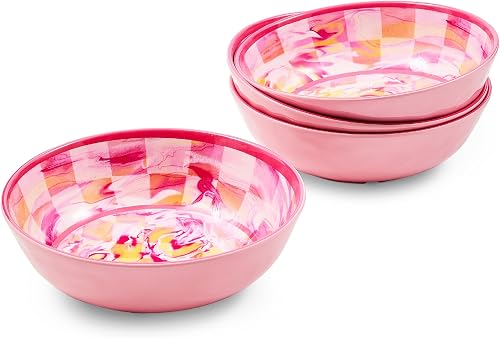 MACKENZIE-CHILDS Melamine Bowls, Decorative Salad and Soup Bowls, Small, Set of 4, Pink Marble Check