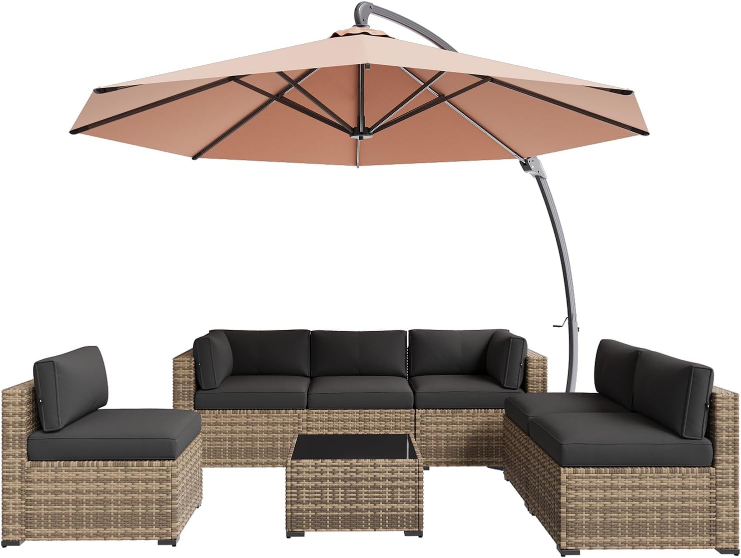 Aoxun Patio Furniture Sets, 8-Piece Outdoor Patio Furniture with 11FT X 11FT Cantilever Umbrella, Wicker Outdoor Conversation Set Sectional Sofa for Backyard, Poolside, Garden