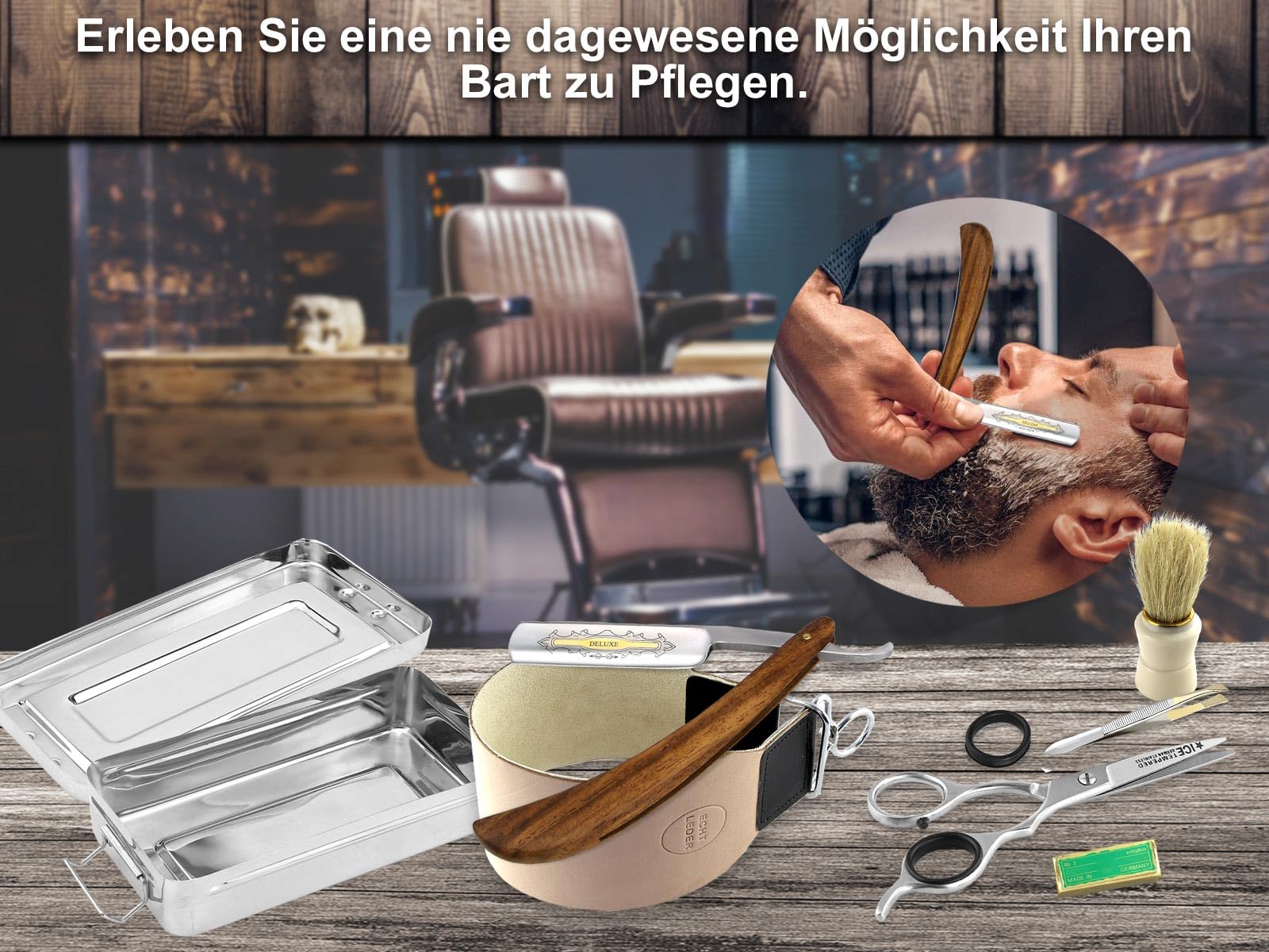 Rasiermesser Set mit Rasier Zubehör inkl. Solingen Paste by Made in Germany | 7-teiliges Nassrasur Bartpflege-Set mit extra breiten Abziehleder, Bartmesser, Pinsel, Bartschere, Zupfpinzette und Rasurbox
