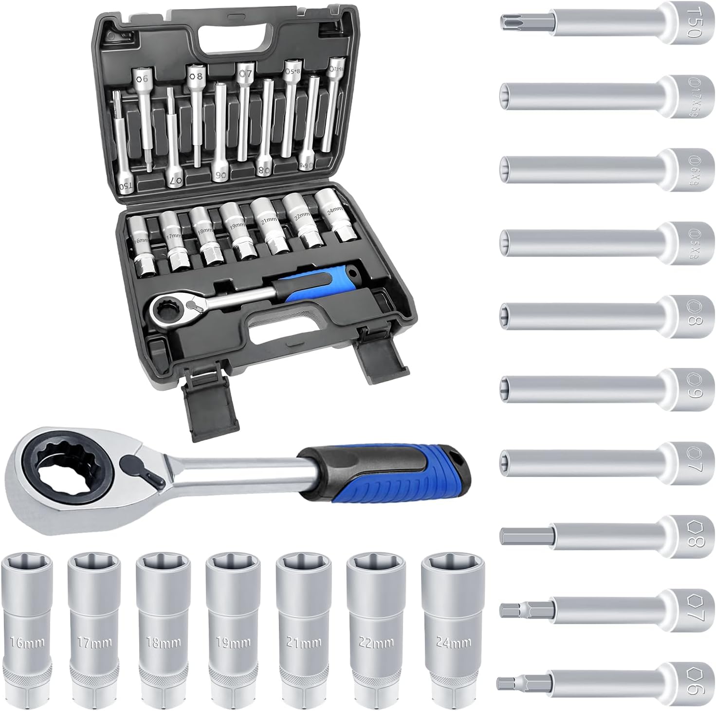 18PCS Suspension Shock Absorber Strut Nut Removal Tool Socket Set, 1/2 inch Steering Hub Shock Absorber Ratchet and Wrench Set, Shock Strut Installation Removal Tool Kit for All Vehicles