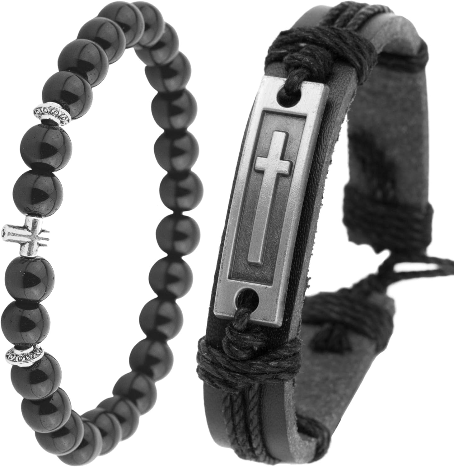Adjustable Leather and Onyx Beaded Cross Bracelets: Confirmation Gifts for Sponsor or Christian Men