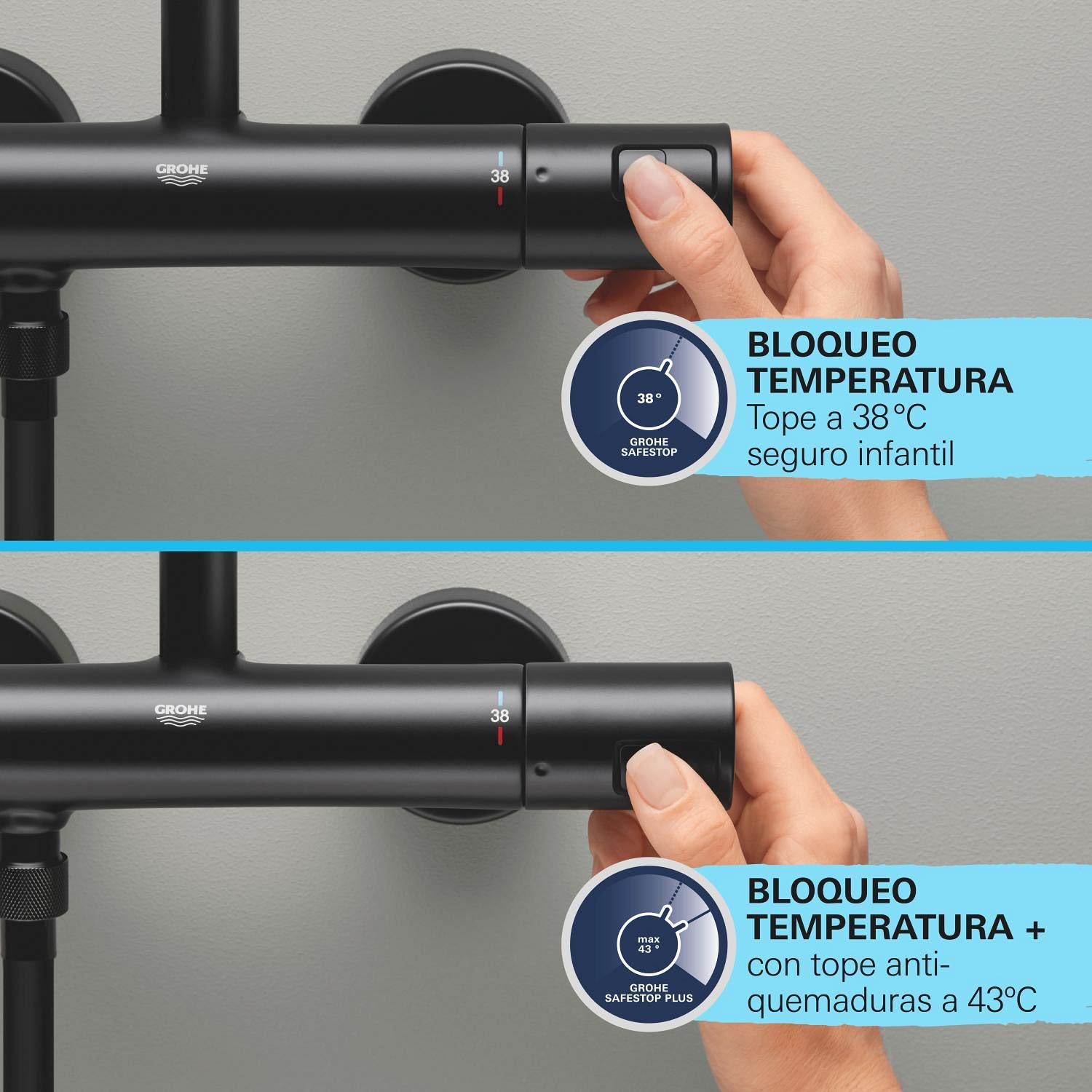 GROHE Precision Start Mezclador termostático para ducha QuickFix (montaje en pared, ahorro de agua, botón de seguridad a 38 °C), Negro mate 345942430