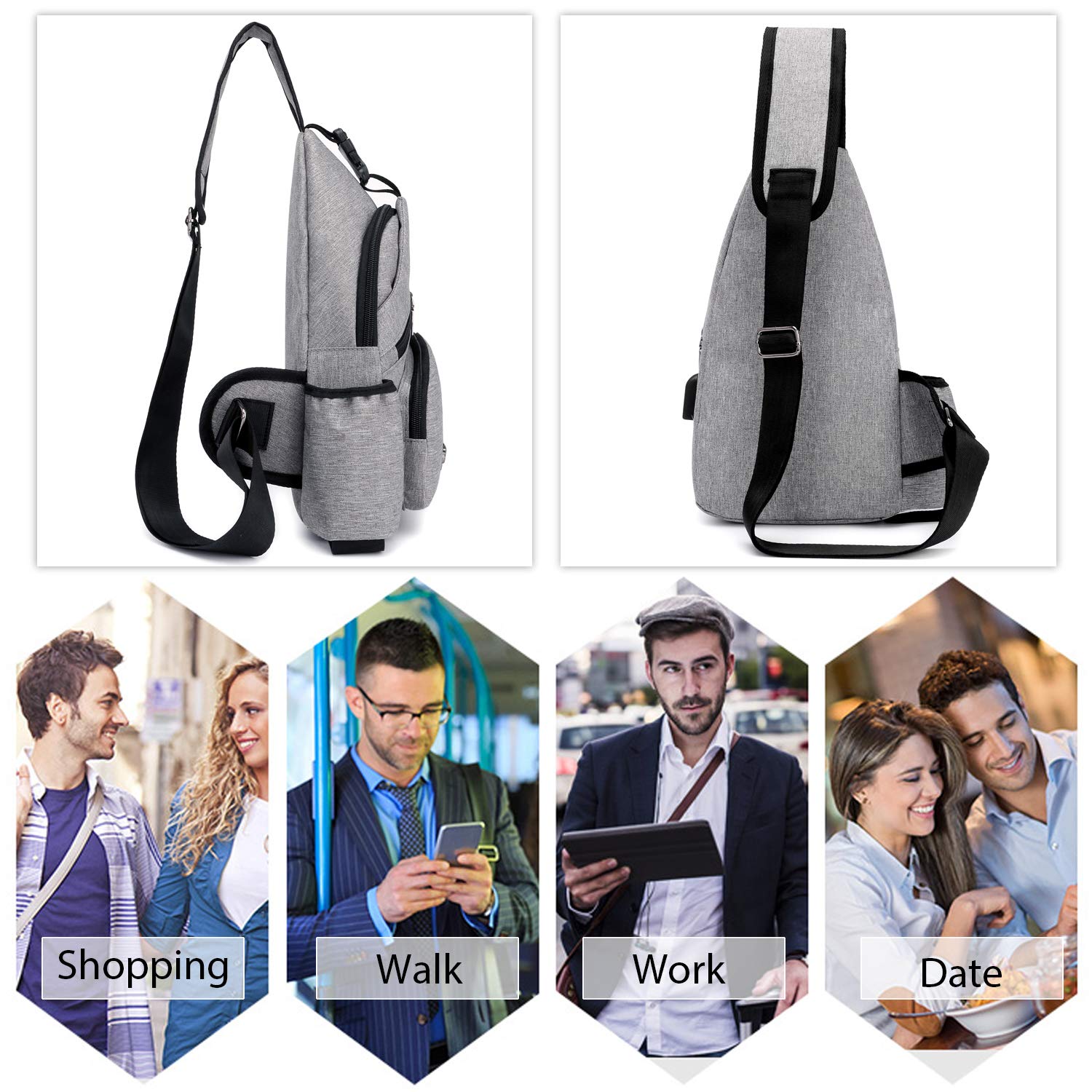 FANDARE Homme Sac de Poitrine Femme Sac d'Epaule Sacoche avec USB Sac Bandoulière Sling Bag Crossbody Bag pour Voyage, Cyclisme,Camping, randonnée, Imperméable Polyester