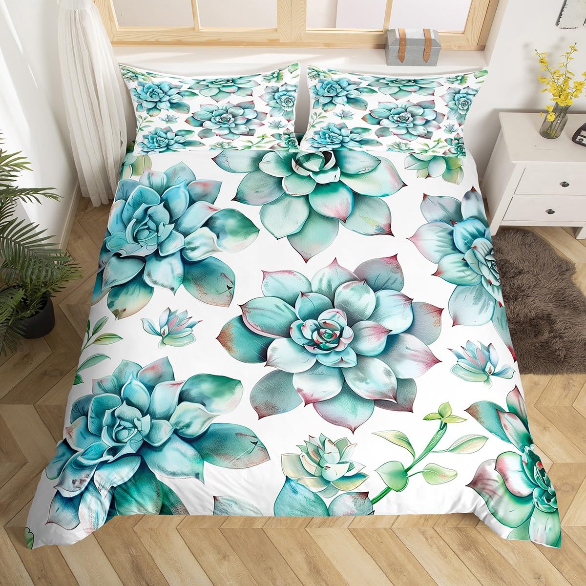 Homewish Succulents Bedding Set Exotic Flower Duvet Cover,Tropical Botanical Comforter Cover Single Green Plant Bed Cover for Kids Boys Girls Teens