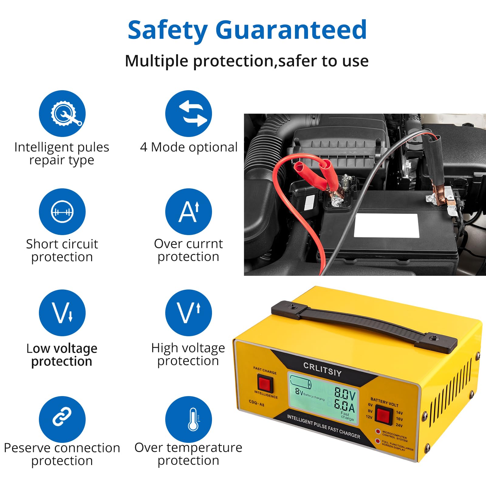 Autobatterie-Ladegerät, intelligentes Erhaltungsladegerät, 6 V/8 V/12 V/14 V/16 V/24 V, 0–10 A, LCD-Akku-Ladegerät für Auto, Motorrad, Boot, Golfwagen mit Krokodilklemmen, 8 Volt