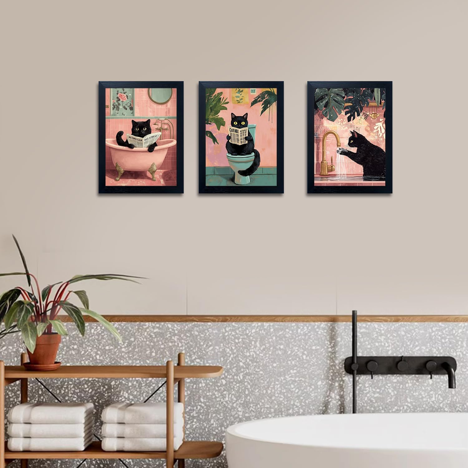Funny Cat Bathroom Wall Art Framed Black Cat Canvas Wall Art Pink and Black Aesthetic Posters Print Set of 3 Artwork Pet Reading Newspaper Toilet Decor
