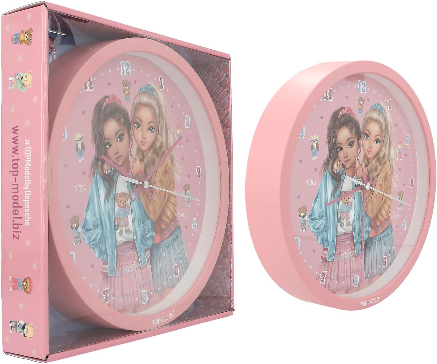 Depesche 13228 TOPModel Team Wall Pink for Children, with Model Motif and Teddy Bear, Silent Clock, Battery Included, Multicolour, One Size