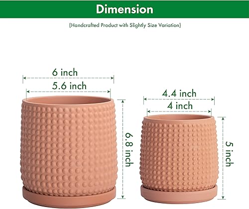 Miniatura 10 de Juego de 2, macetas de cerámica para interiores de 6 y 4 pulgadas con agujero de drenaje y platillo, macetas de diseño de cuentas, blanco mate,