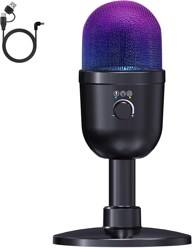 USB Gaming Condenser Microphone for PC/Desktop,192kHz/24Bit,Noise Cancellation,Monitoring,Quick Mute & RGB Lighting,USB PC Mic for Laptop,Podcast,Streaming,Recording Black
