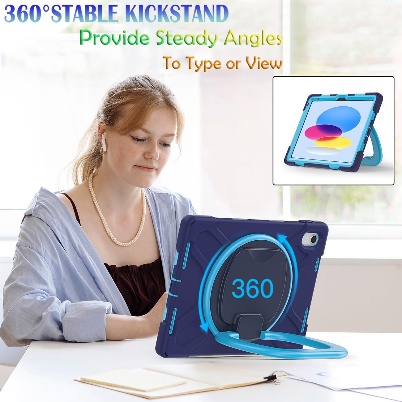for iPad (A16) 11th/10th Generation Case 2025/2022 (11″/10.9″),Heavy Sturdy Shockproof Kids Case with Screen Protector,Rotating Stand/Pencil Holder/Shoulder Strap (Navy Blue+Blue) - Image 2