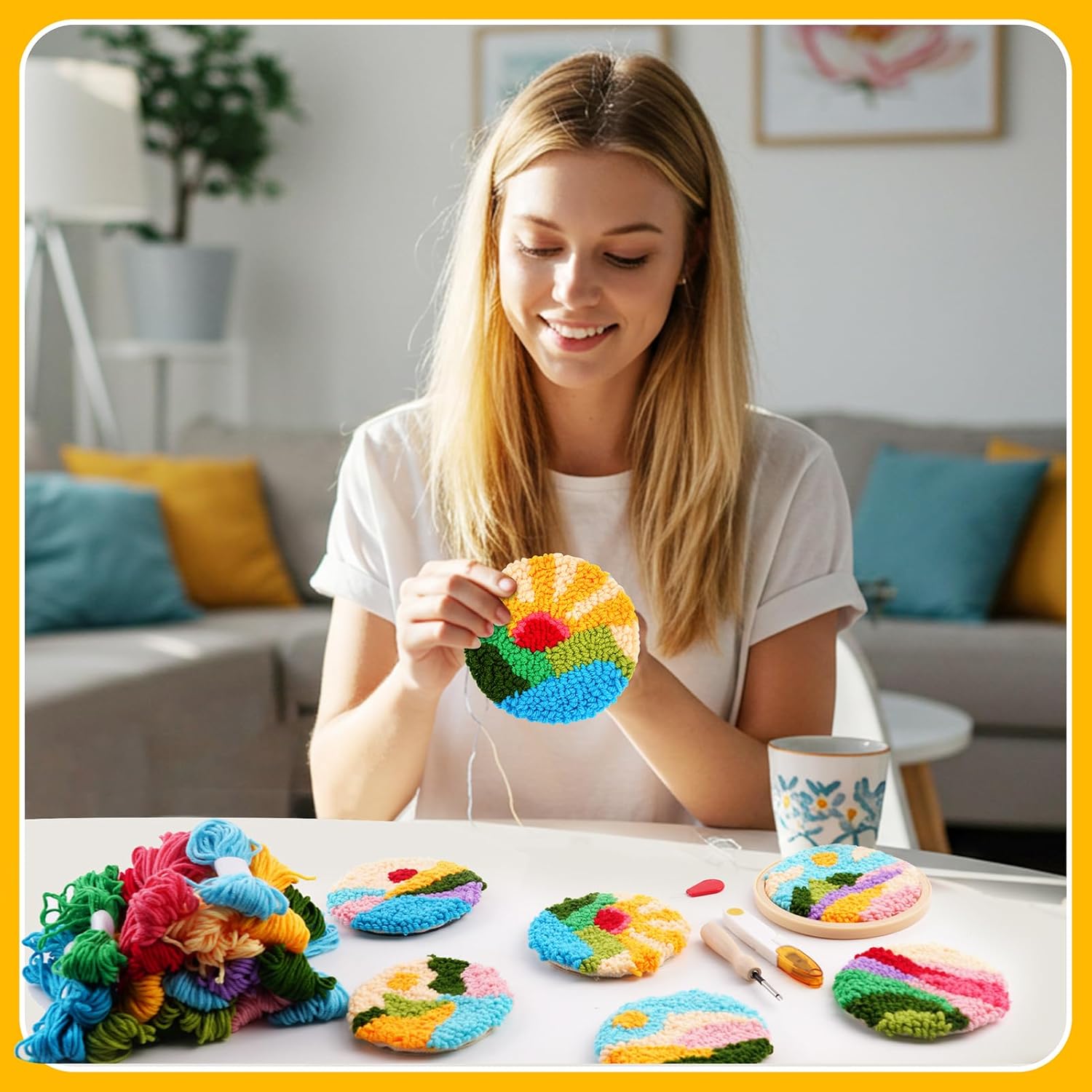 Pllieay 6PCS Punch Needle Coasters Kit, Punch Needle Kit for Beginners and Adults with Patterns, Adhesive Felt, Tools, Yarns, Hoop and Instruction, DIY Punch Needle Embroidery Crafts