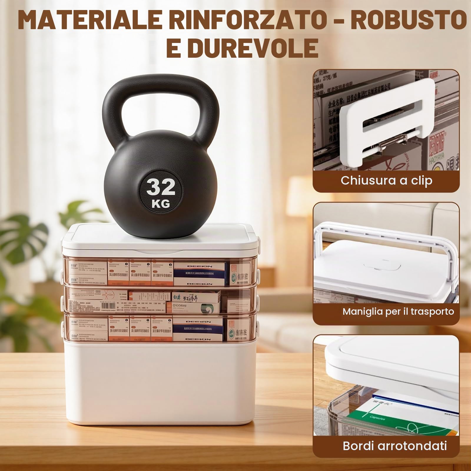 Contenitore Medicinali 4 Strati, Con Maniglia, Portapillole Viaggio | 30×16,5×24cm, 4 vani separati, Portapillole da viaggio estraibile nel coperchio, Plastica PP senza BPA