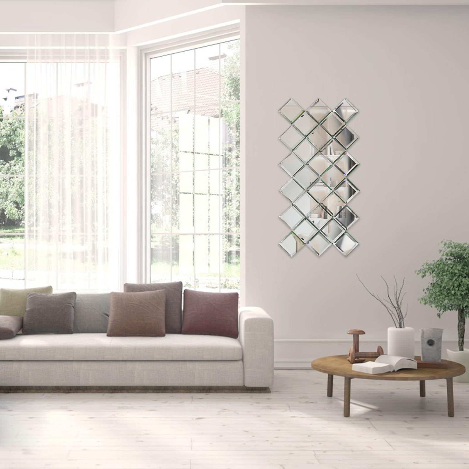 Lovdeco Peel and Stick - Piastrella in vetro a specchio smussato da 7,5 cm, con mosaico in cristallo argento, per cucina, bagno, 32 fogli
