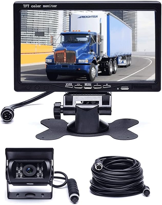7" Backup Camera with Monitor Kit Waterproof Reverse Camera | 18 IR LED Night Vision Rear View Monitor Vehicle Parking System, For RV Bus Trailer Truck (65ft 4-Pin Aviation Video Cable)