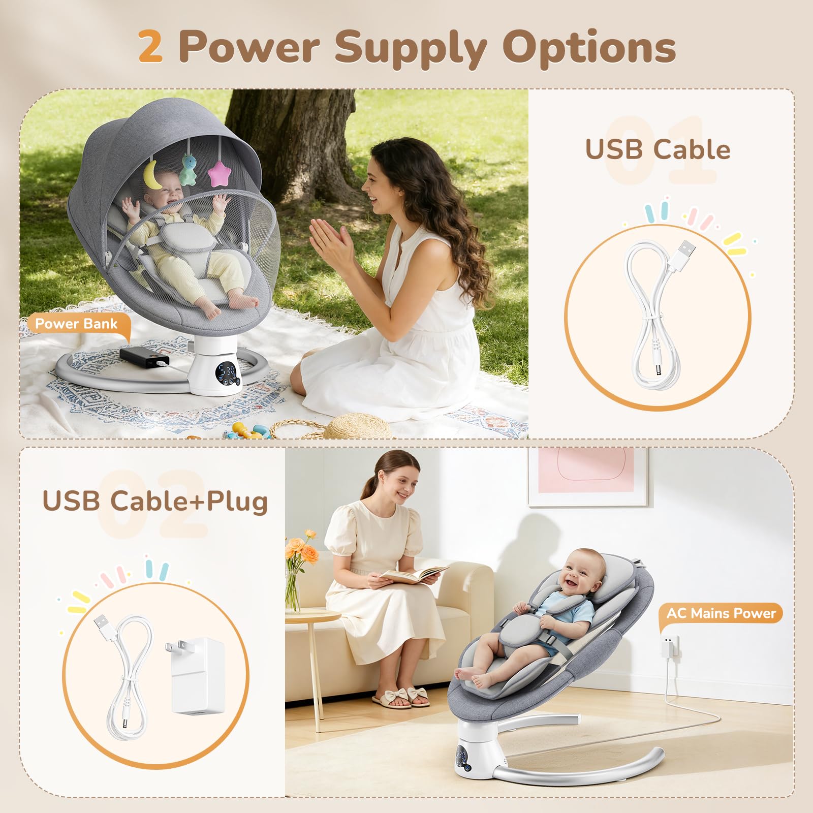 Sdraietta Elettrica per Bebè con App e Telecomando, Hamaca Elettrica fino a 9 kg con 5 Velocità di Oscillazione, 3 Timer, 11 Canzoni, Cinture di Sicurezza a 5 Punti, 2 Posizioni Seduta - Grigio
