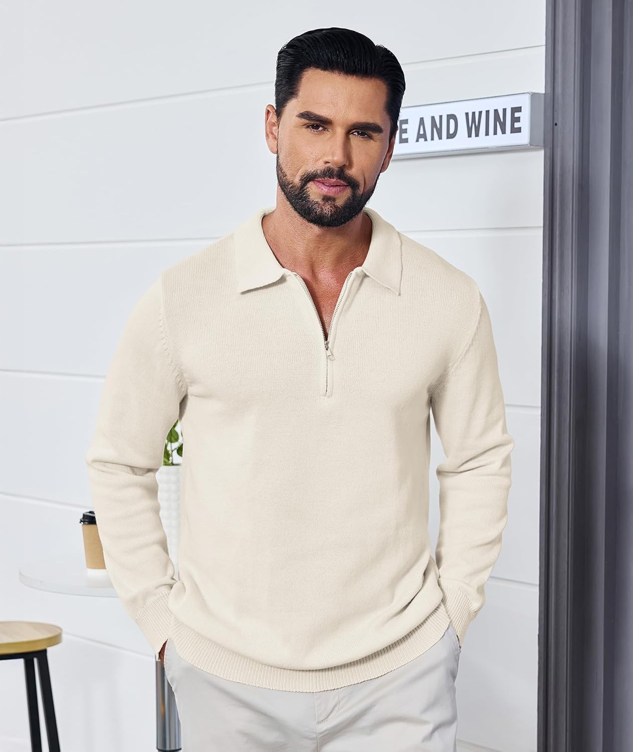 Men's Casual Knit Polo Sweater Classic Long Sleeve Thermal Basic Zip Collar Shirts