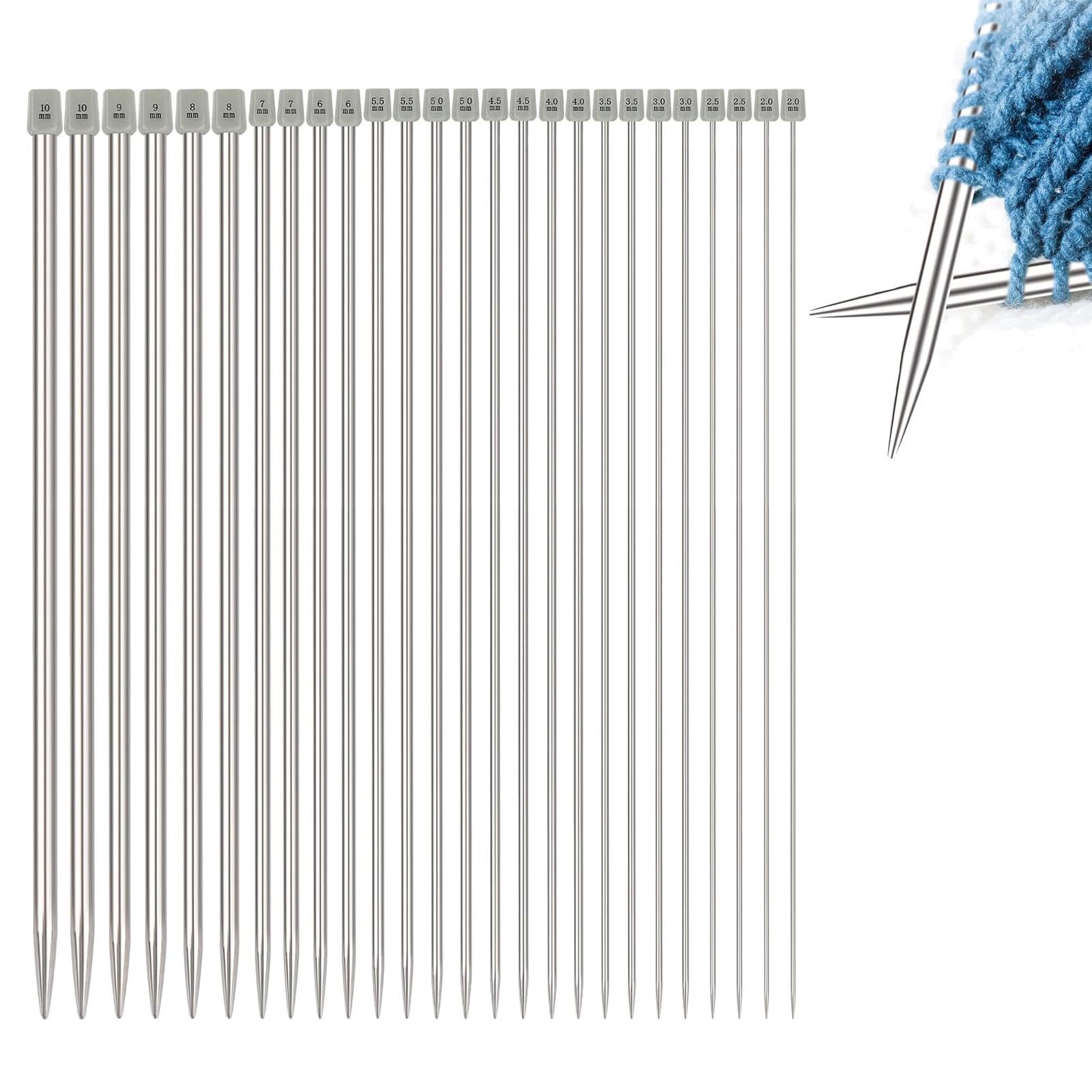 Tharvolex 26Pcs Knitting Needles Set, 13 Size 2mm-10mm Stainless Steel Knitting Needle Set 35cm Long Straight Single Pointed Needles with Portable Case for Beginners, Adults & All Skill Levels