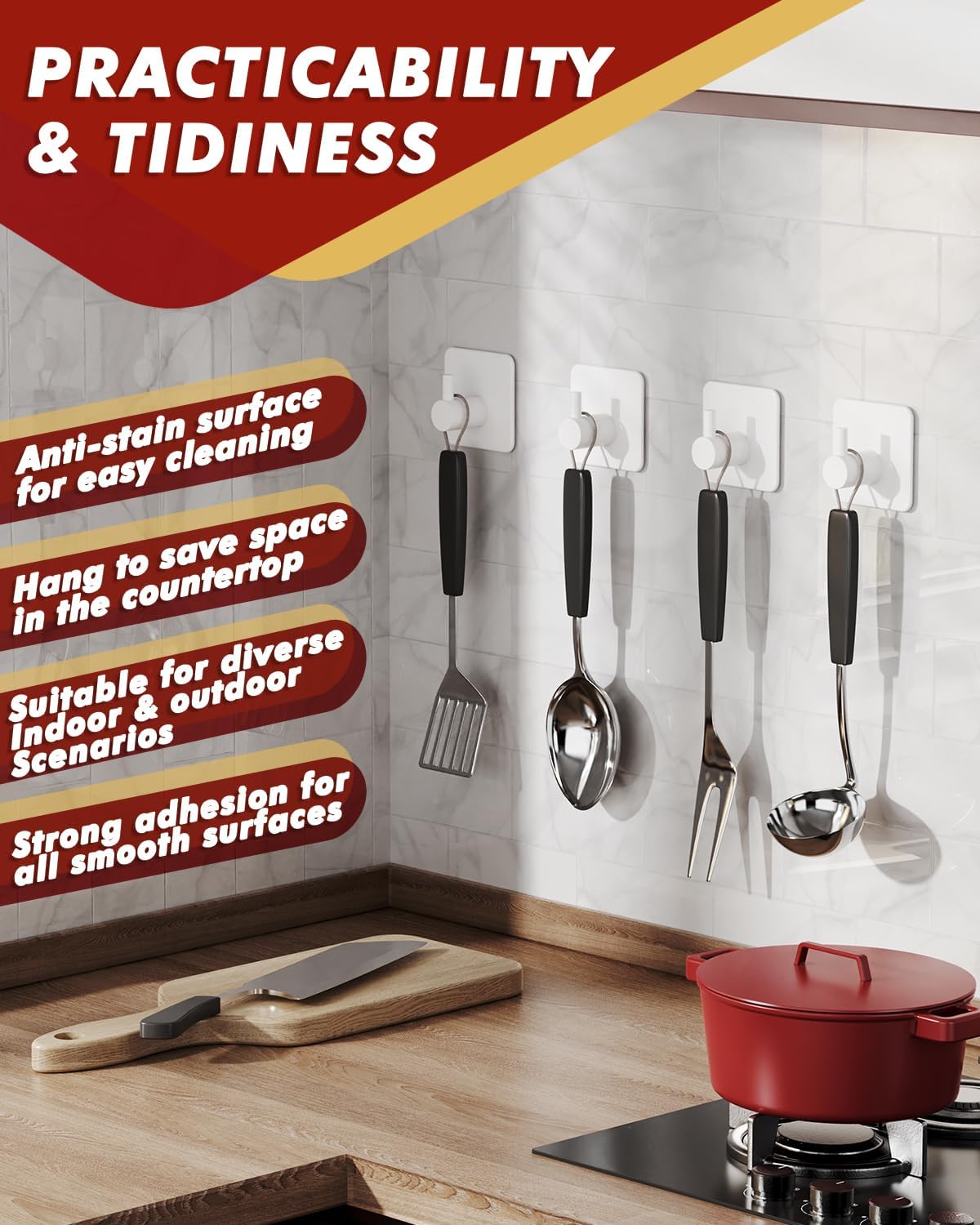 Auxmir Adhesive Hooks Heavy Duty 22lb(Max) Wall Hooks, 5 Pack Self Adhesive Damage Free Towel Rack, Stainless Steel for Coat Robe, Waterproof Oilproof Rustproof for Bathroom Shower Kitchen Office